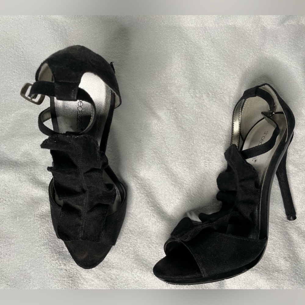 Black ruffle, suede heels
